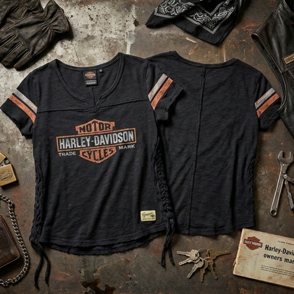 Harley-Davidson Women's Black and Orange Oversized Distressed Tee